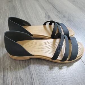 Crocs tulum Open Flat Shoes Womens Size 6 Black Beige Strappy Jelly Sandals